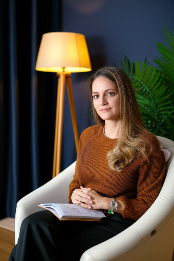 Marina Vaz em seu consultório, em ambiente acolhedor