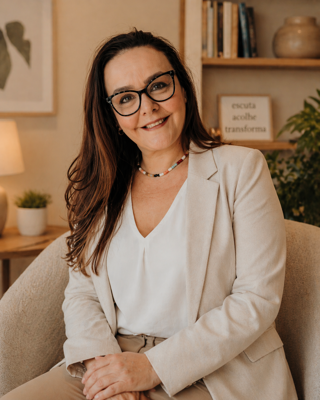 Claudia Gonçalves, terapeuta sistêmica, sorrindo em seu consultório com estante de livros e plantas ao fundo